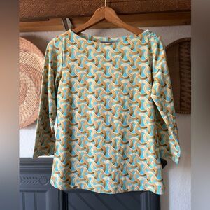 j mclaughlin blue chain woven stretch nylon shirt small 3/4 sleeves